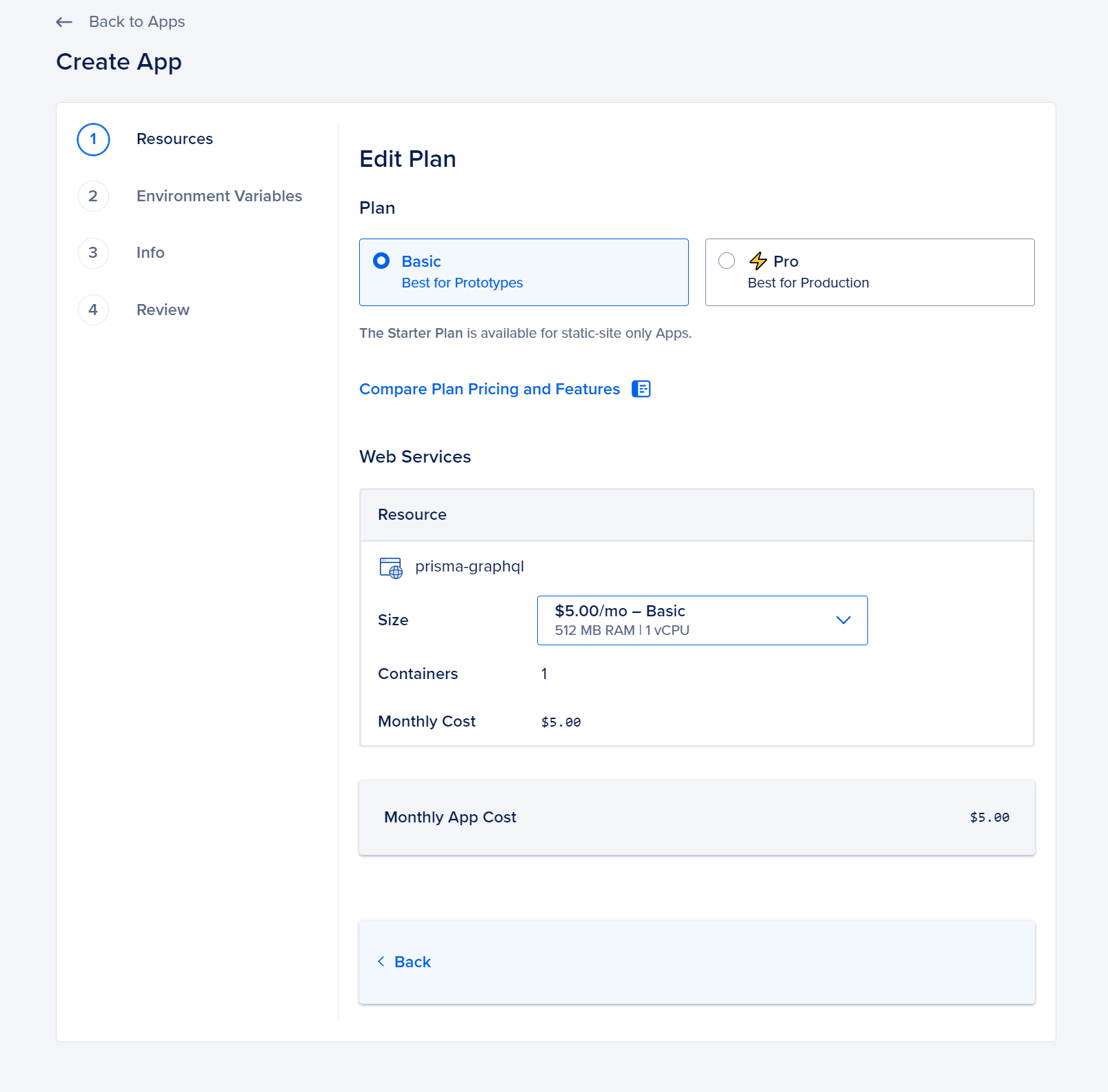 Screencapture of the "Edit Payment Plan" page in the App Platform Console, displaying the $5 per month Basic option