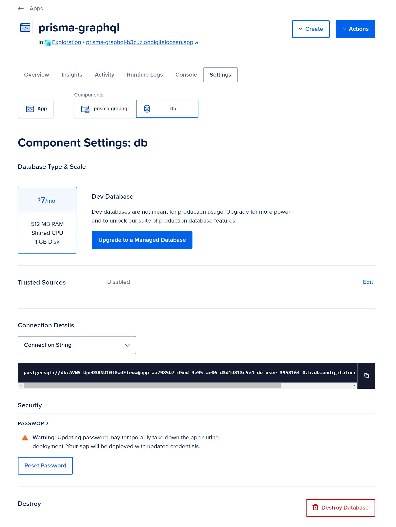 Screencapture displaying the Database Component Settings