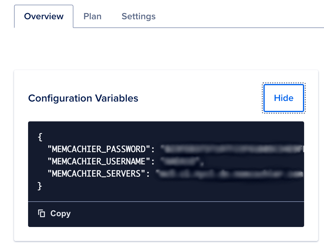 Screencapture of redacted values for configuration variables in the Add-Ons dashboard