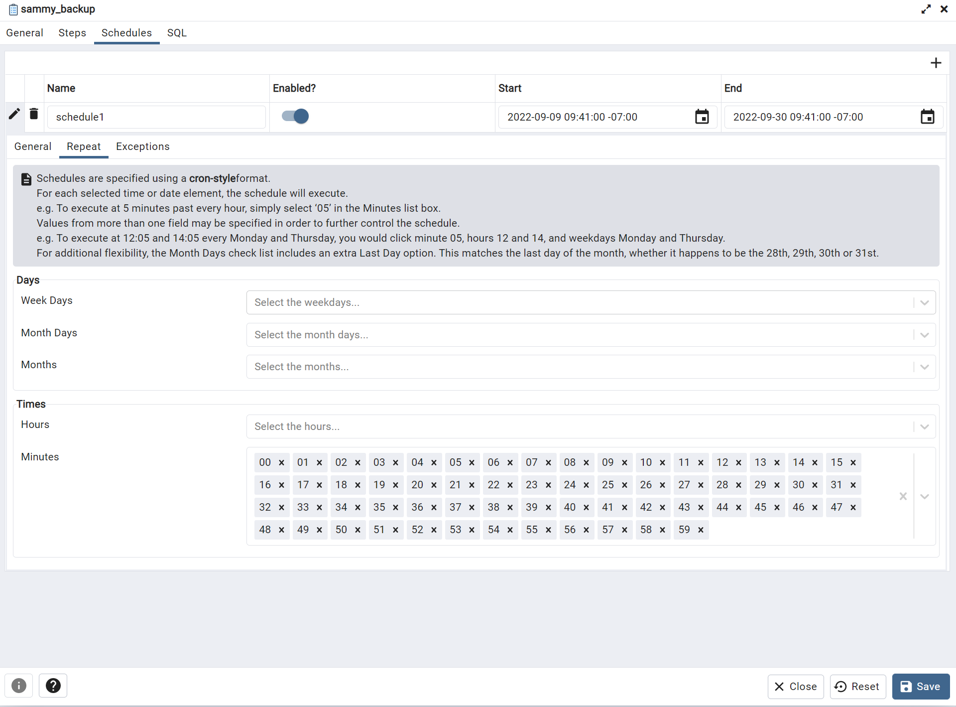 pgAgent Schedule Repeat tab